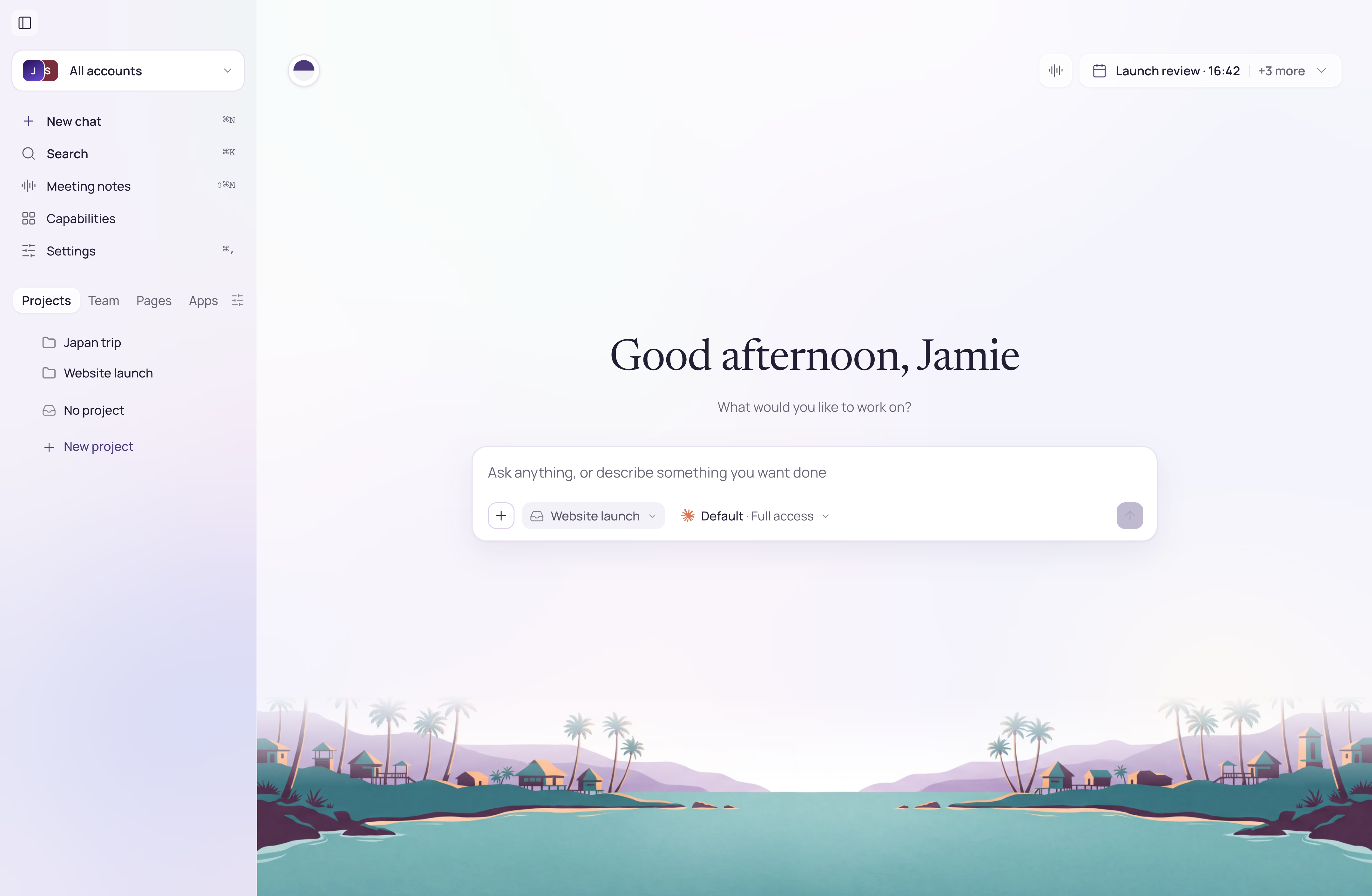 Alfred home workspace with connected accounts, projects and an AI conversation composer